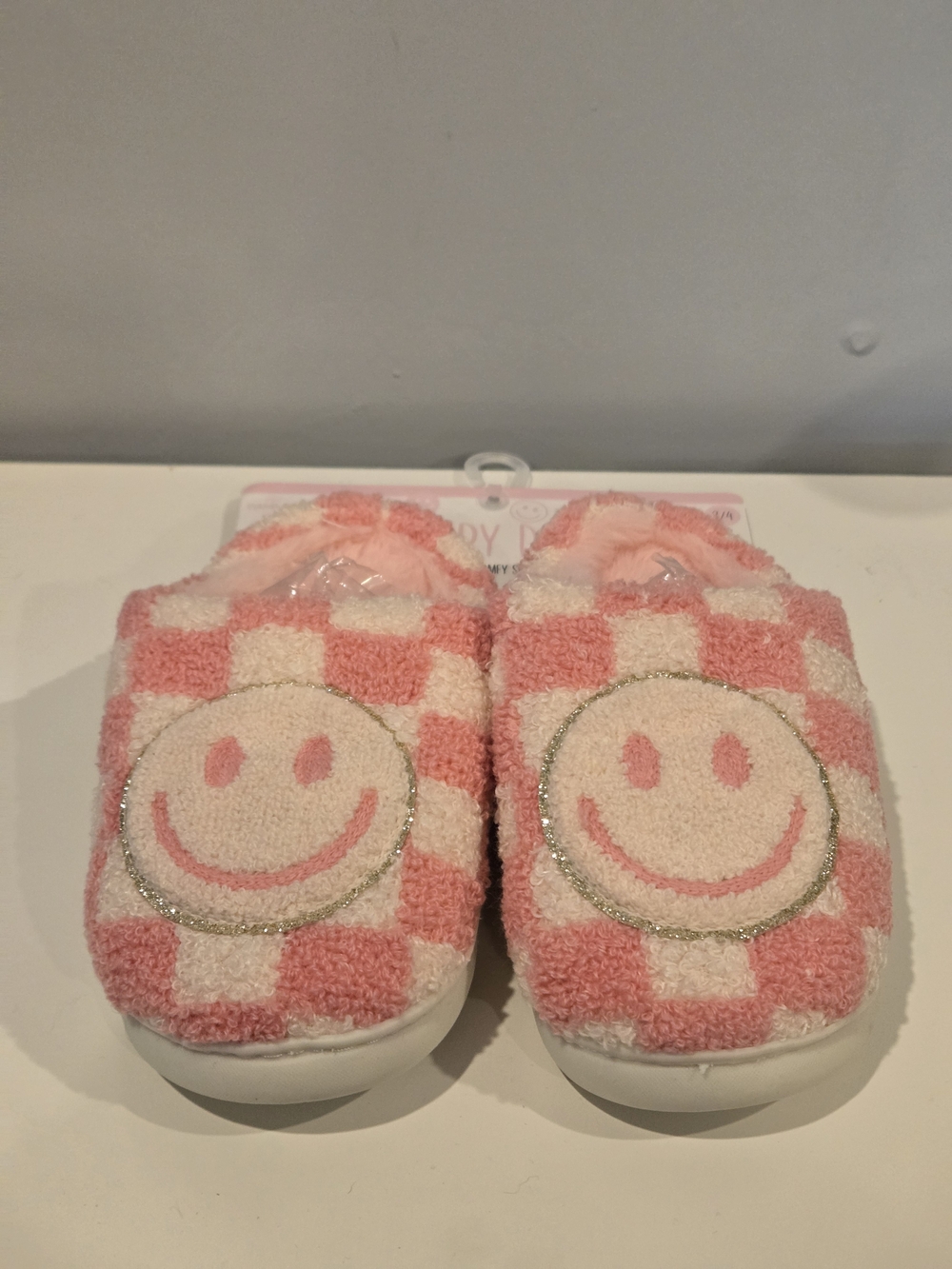 Pink Checkered Fuzzy Slippers